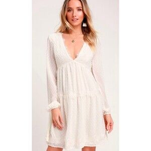 Lulus M Wistful Moment Ivory Swiss Dot Long Sleeve Dress Boho Bridal Shower Chic